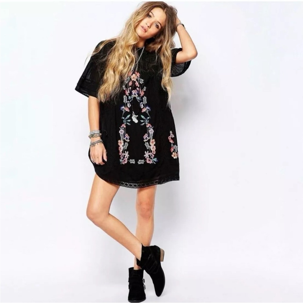 Free People Perfectly Victorian Black Embroidered Dress Short Sleeve - Picture 6 of 14